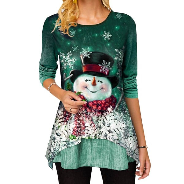 Jul Kvinner Snømann Holiday Tree Print Uformell T-skjorte Xmas Langermet skjorte med rund hals Bluse Longline Topper Plus Size Green 4XL