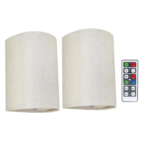 Laddbar Vägglampa med Magnetisk Trådlös Lampa, RGB-Färger, Dimbar, med Tyglinneskärm och Fjärrkontroll, Belysning 2-pack
