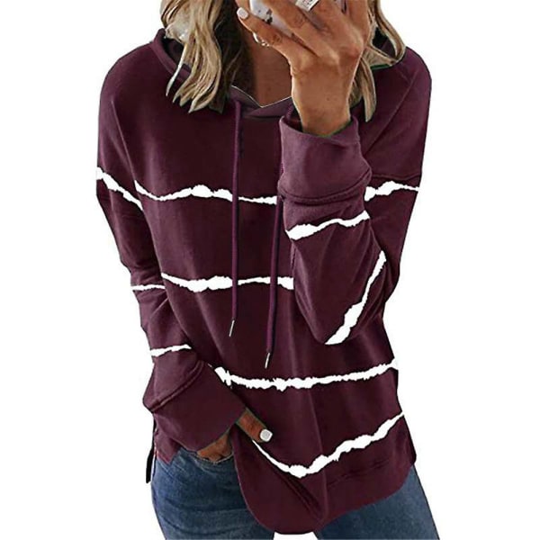 Stripete hettegenser for kvinner Uformelle topper genser Løse hettegensere med lange ermer Wine Red 2XL