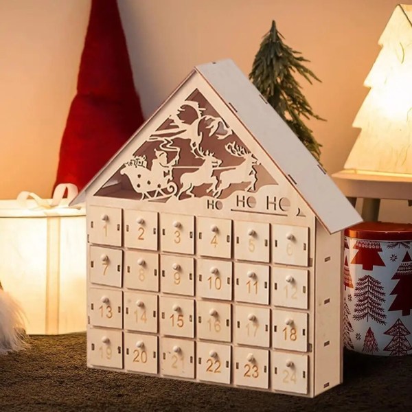 Puinen joulun adventtikalenteri 24 tyhjällä säilytyslaatikolla Talon muotoinen joulukalenteri kodin sisustus style 1