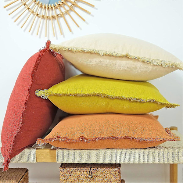 Pakke med 2 dekorative putetrekk i naturlig lin med duskekant, bondegårdsstil Boho, firkantet putevar med frynser for sofa, 45 x 45 cm, oransje