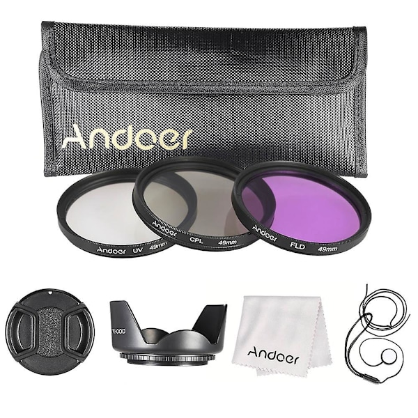 Andoer 49mm Filter Kit (UV+CPL+FLD) + Nylonväska + Objektivlock + Objektivlockhållare + Motljusskydd + L