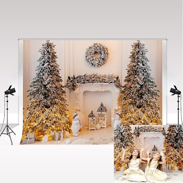 Julebakgrunn for fotografering 7x5ft/2,2x1,5m juletre Hvit peis Fotostudio Bakgrunn for fotoshoot Familiefotoboks Rekvisitter Xmas Parti 3*2m