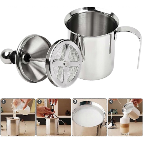 Manuell Melkeskummer - 304 Rustfritt Stål Dobbel Mesh Melkeskummer, 400ml for Cappuccino Latte