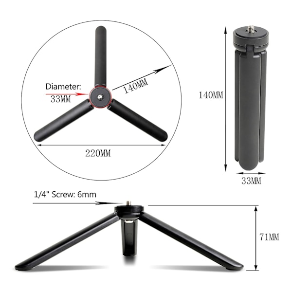 Lättviktigt Mini Bordsstativ Aluminiumlegering Tripod Stativ med 1/4 Tums Skruvnyckel för DSLR ILDC