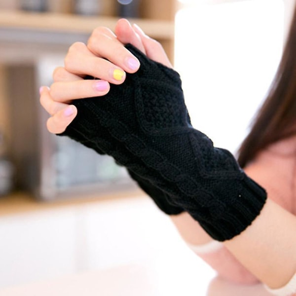 Dam Vinter Handled Arm Hand Tjock Stickad Lång Fingerless Handskar Vante 1 Black