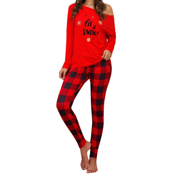 Julebokstavtrykk for kvinner Pyjamassett Juleoverdeler med lange ermer rutete bukser Pyjamas Hjemmeklær Red 3XL