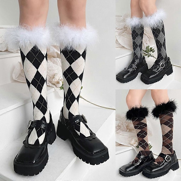 Dame Studerende Pelsagtig Fjer Trim Knæhøje Strømper College Stil Argyle Diamantternet Mønster Lolita Julestrømper