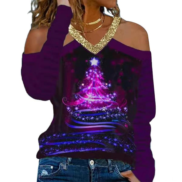 Kvinner Christmas Elg Tree Printed T-Shirt Bluse Xmas Cold Shoulder V-hals Long Sleeve Casual Shirts Topper Plus Size Purple XL