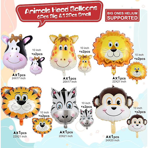 18-pack Djungelsafari Djur Huvud Folieballonger Tiger Zebra Giraff Lejon Ko Apor Ballonger Kit För Djungelsafari Vilda Djur Tema Bakgrund Barn Födelsedag