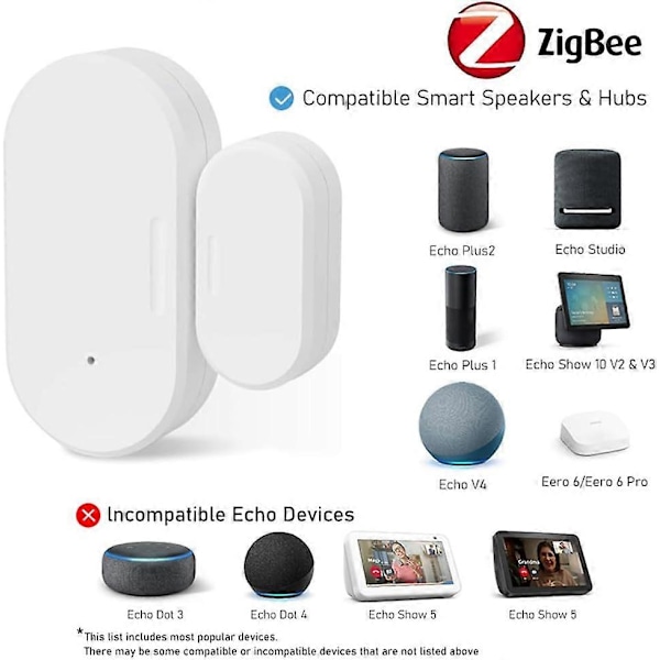 Zigbee Døralarmsensor, App-styret Dørsensor, Registrerer Åben/Lukket, Sender Alarmer, Kompatibel med Zigbee Hub
