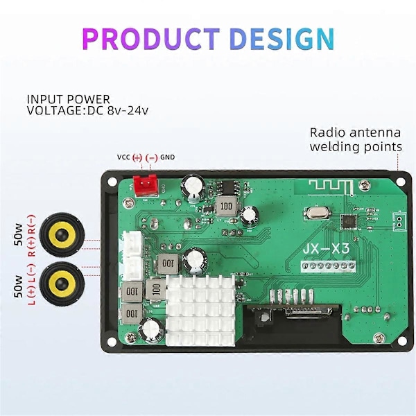 50W Forstærker DIY MP3 Decoder Board BT 5.0 DC 8-24V Bil MP3 Afspiller