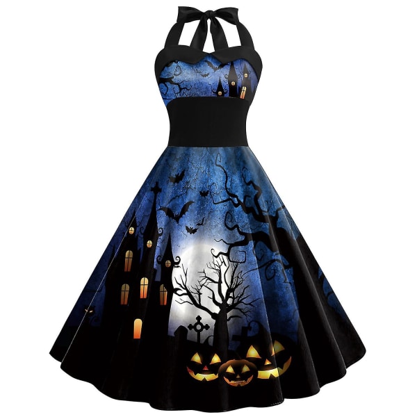 Halloween kvinders græskar Bat Ghost Skeleton Print Ærmeløs rund hals afslappet Hem kjole COLOR 2 S