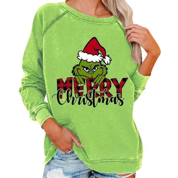 Jul Kvinder The Grinch Print Langærmet T-shirt Casual Pullover Sweatshirt Bluse Toppe style 1 L