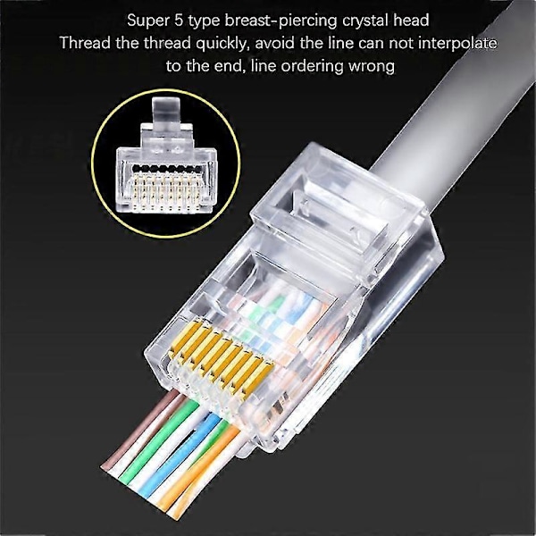 RJ45-kontakt 6U Gullbelagt Gjennomgang Ethernet-kabler Modulplugg Nettverk RJ-45 Krystallhoder Cat5 Cat5E (100 stk)