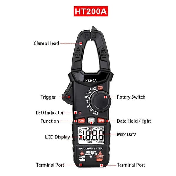 Digital Tangamperemeter AC DC Strøm Spændingstester Multimeter til HVAC Bilindustri Elektrisk Vedligeholdelse HT200A Tester
