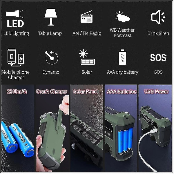 Bærbar radiohåndsving Am Fm Noaa Emergency 3-i-1 læselampe Lommelygte Solar Charging 2000mah