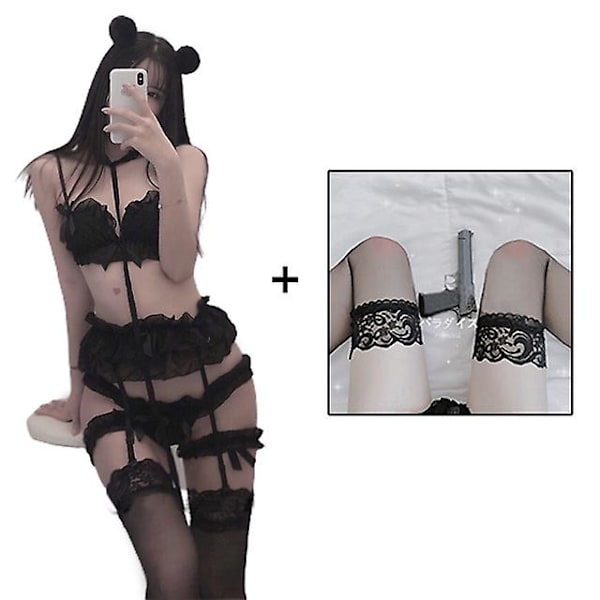 Naisten seksikäs set söpöt röyhelöt pitsit Kawaii Babydoll pehmeät tytöt mustat pyjamat japanilaiset lolita cosplay-asut Black with stocking