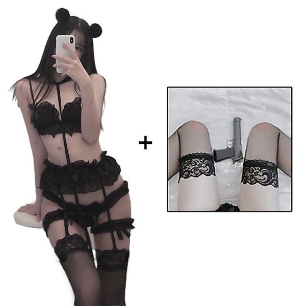 Sexiga damunderkläder Set Söta volanger Spets Kawaii Babydoll Soft Girl Svart Pyjamas Japansk Lolita Cosplay Kostymer Black with stocking