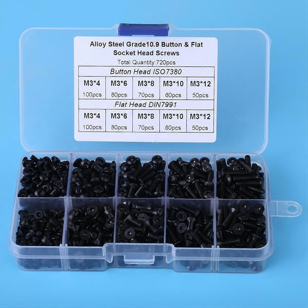720 stk. M3*4/6/8/10/12 Sorte Legert Stål Flat Head Hex Socket Skruer med Plastboks