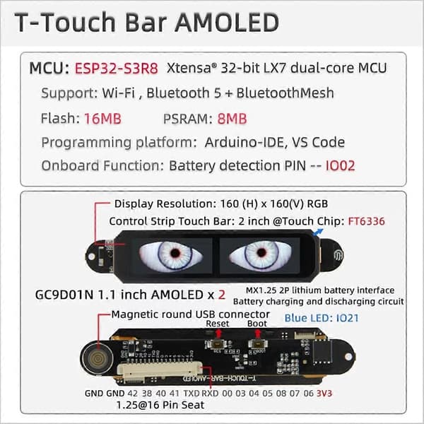 T-Touch Bar AMOLED ESP32-S3 Touch Display Bar Udviklingskort