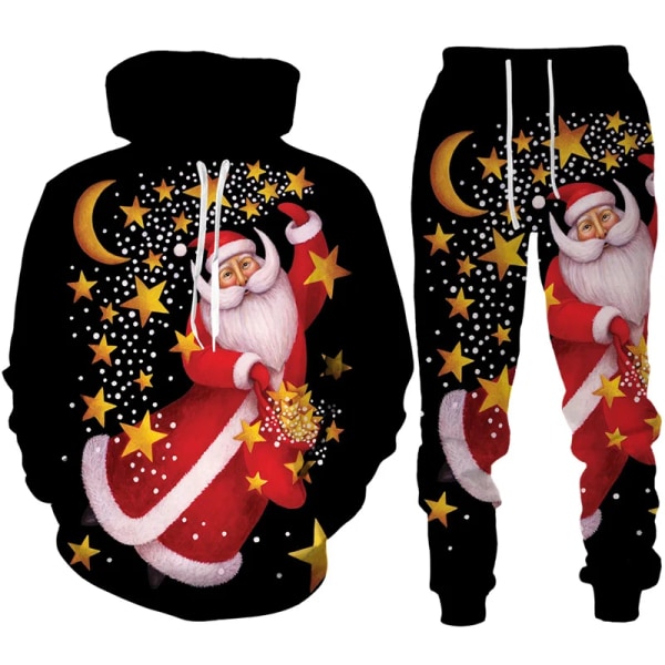 Julemann Santa Claus 3D-trykt hettegenser + bukse for menn og kvinner, 2-delt sett, nyttårsferie, avslappet, overdimensjonert, gensersett style 5 5XL