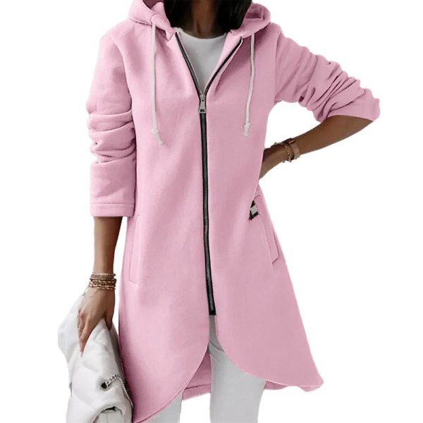 Kvinder Uregelmæssig fuld lynlås lang frakke Casual udendørs efterår langærmet hættejakke Pink L