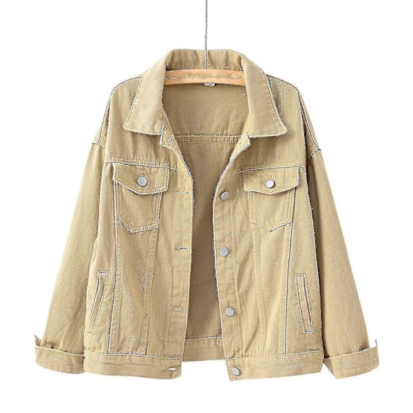 Dam Vår Och Höst Jackor Varm Enfärgad Långärmad Jeansjacka Ytterkläder Khaki S