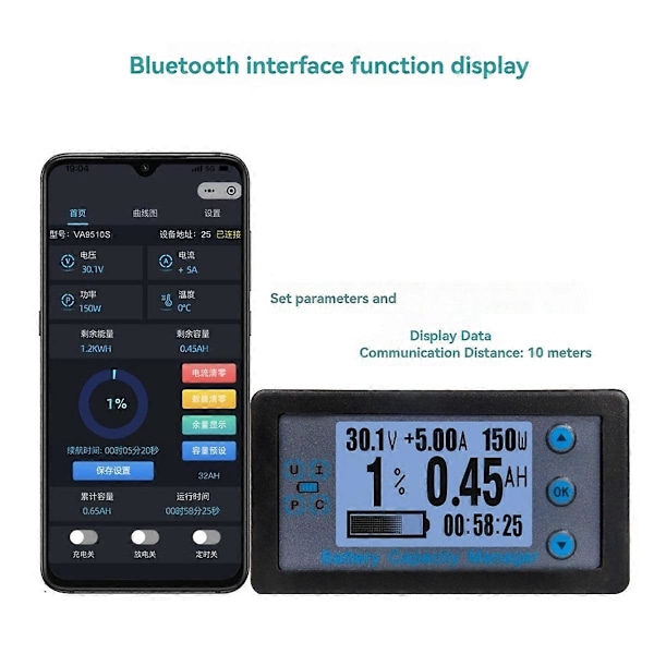 100A Bluetooth Coulometer Batterikapasitetstester Amperemeter Voltmeter