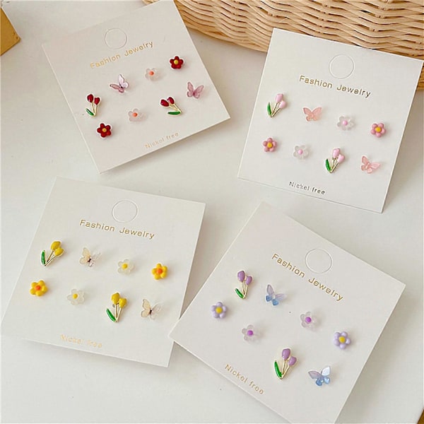 8 st Flickmode Söta Färgglada Akryl Mini Fjäril Blomma Öronstift Örhängen