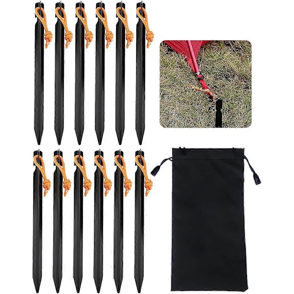 12 st Tältpinnar, 18 cm Metallpinnar, Markpinnar för Tält, Aluminium Tältpinnar för Hård Mark, Svarta Tältpinnar, Sandpinnar för Camping
