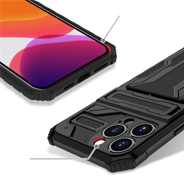 iPhone 15 Pro Max / 15 Ultra 6.7 -kotelolle lompakko, luottokorttipidike, henkilökorttipaikka, liukukansi, piilotasku ja rengaspidike/jalusta