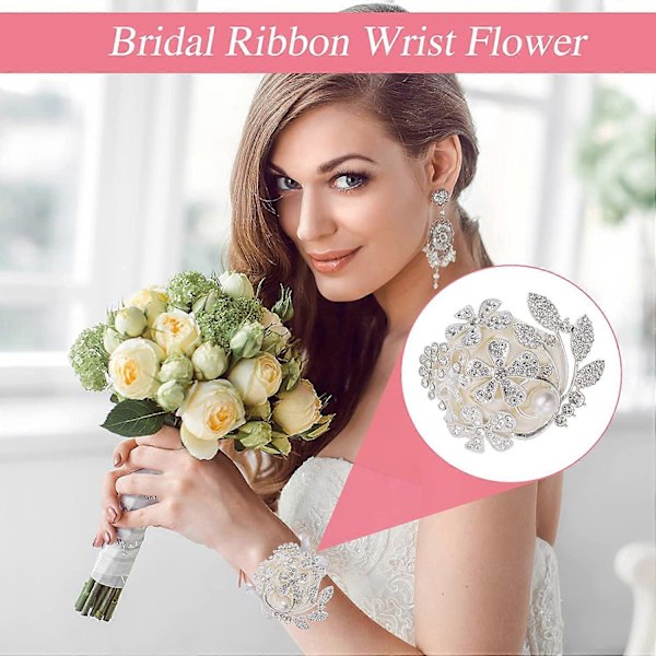 2 Stycken Brud Bröllop Handledsblomma Vit Strass Pärla Handledsblomma Corsage Ros Handledsblomma för Fest 7*6cm
