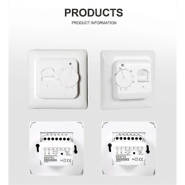 Manuel Elektrisk Gulvvarmetermostat med Sensor AC 220V 16A, Mekanisk Gulvvarmetermostat Regulator, 8,6*8,6*5cm