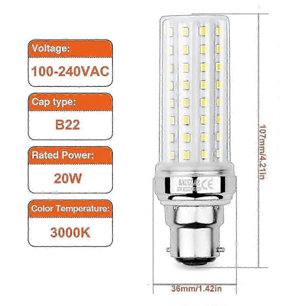 20W LED Majslys, 150W Ækvivalent Glødepære, 2300lm, 3000k Varmt Hvidt, B22 Bajonet Pærer, 3 Styk