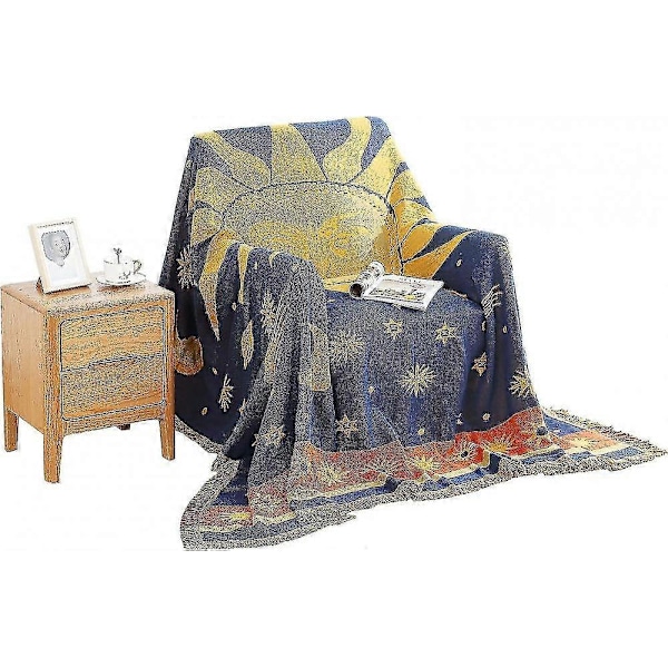 Dekorativ 100% Bomull Vävd Pläd Filt Soffhandduk Bomull Varmt Överdrag 130 x 180cm (Sol Måne Stjärnor)