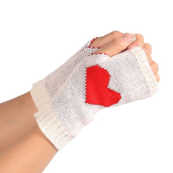 Vinterhandsker til kvinder Touch Screen Tykke varme strikkede handsker Love Heart Print Fingerløs vante udendørs skihandsker Red