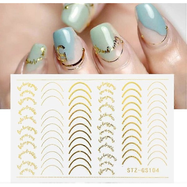 3D Guld Linje Neglekunst Klistermærker 6 Ark Rosaguld Sølv Metalliske Negle Klistermærker til Kvinder Kurve Bølge Hvirvler Selvklæbende Negle Decals Fransk Manicure