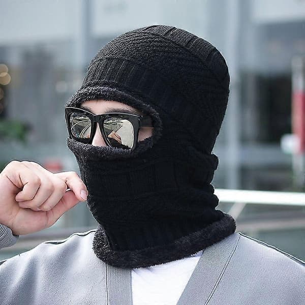 Herrhatt Enfärgad Plyschfoder Höst Vinter Varm Stickad Mössa Halsduk Ansiktsskydd för Utomhus Qinhai Grey