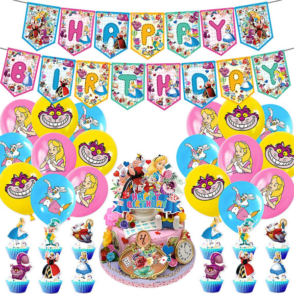 Alices Adventure In Wonderland Tema Festtillbehör Kit Banner Ballonger Tårta/cupcake Toppers Set