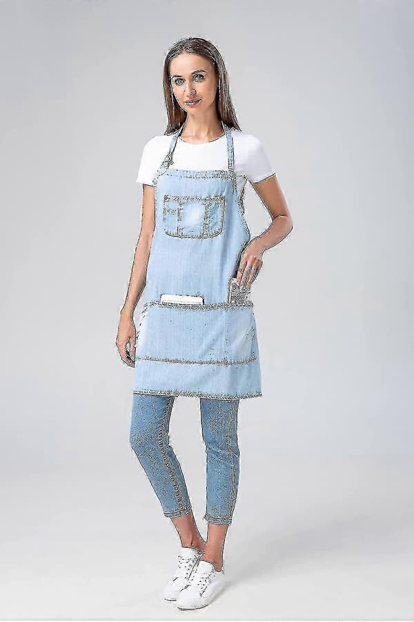 Almi Bomullsdenim Förkläde Justerbart Bakförkläde Matlagningsförkläde Med Fickor För Kök Present