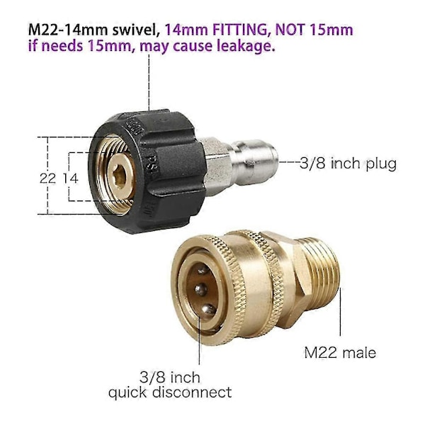 Højtryksrenser Adapter Sæt M22 14/15mm til 3/8 tommer Hurtigkobling