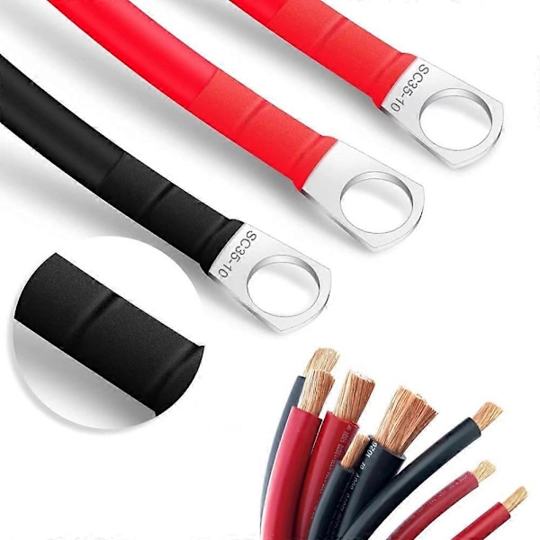 Inverter Batterikabel, 2 st 2AWG Bilbatterikabel, med Ringkabelskor Koppartråd för Bil, Lastbil, Motorcykel, Solenergi, Husbil, Marin (Röd och Svart)