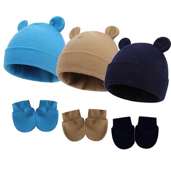 Søtt Babylue og Votter Sett Beanie Lue med Ører Nyfødt Sykehuslue Ingen Ripevotter for 0-6 Måneder Gutter og Jenter