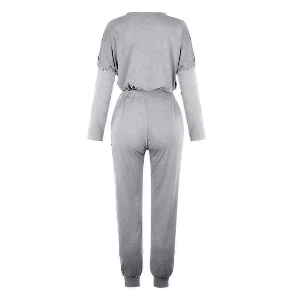 Kvinder Casual Ensfarvet outfits T-shirt toppe + snøre Elastisk talje Jogging joggingbukser Bukser Loungewear Sæt Light Gray L