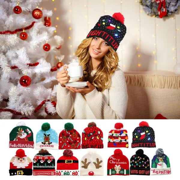 Julehatte Sweater Santa Elk Strikket Beanie Hat Med LED Lys Op Tegneseriemønster Julegave Til Børn Nytårsartikler Style 7