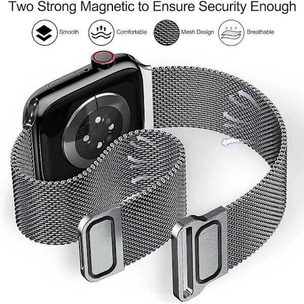 Magnetiskt armband kompatibelt med Apple Watch 38mm 40mm 41mm 42mm 44mm 45mm, Milanesiskt armband i rostfritt stål med justerbar ögla, metallarmband för iWat