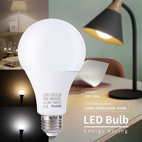 3W LED-lampor E27 Ljuskällor Energibesparande Vitt Ljus 6000-6500K Hög Ljusstyrka Lampa för Sovrum L