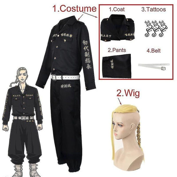 Anime Tokyo Revengers Draken Cosplay Kostume Halloween Party Cool Man Uniform Windbreaker Til voksen paryk tatovering høj kvalitet XL