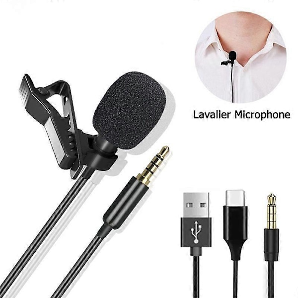 Bärbar 3.5mm Lavalier Clip-on Mikrofon USB Kondensatormikrofon 1.5m Trådbunden Extern Typ C-kontakt Mini Mikrofon För Telefon PC Laptop